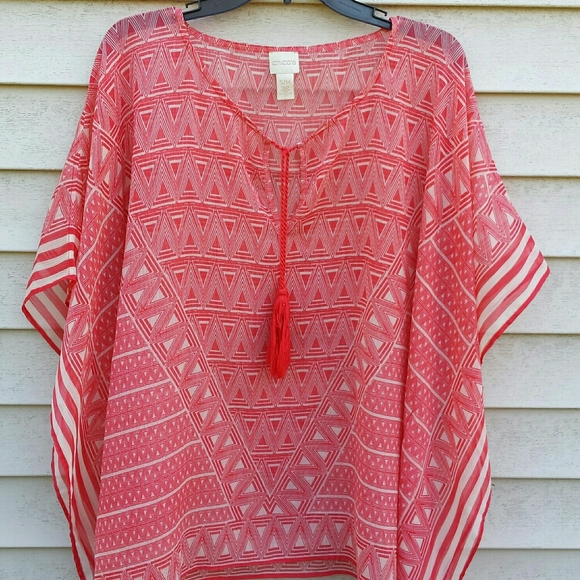 Chico's Coral Print Tassel Tie Kaftan Tunic Top - Picture 3 of 11